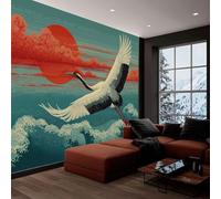Papier peint panoramique style traditionnel oriental 250L x 175H cm, Tapisserie mural décoration salon - Papier peint design moderne animal oiseau plume nuages pour chambre d'enfant décoration murale
