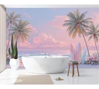 Papier Peint Panoramique Style tropical de rêve Planche de surf Palm Tree Beach, 250x175cm Soie Murale pour Salon Chambre d'enfants Restaurant Décoration Murales, Rose Chambre Fresques Muraux