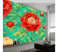 Papier Peint Panoramique Style Vintage Pivoine Plante 350 x 256 cm, Papier Peint Poster Photo Géant Laine Intissé Pour Salon Chambre Chambre d'Enfant Bureau Fond Tv Décoration Murale, Vert