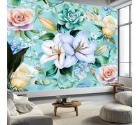 Papier Peint Panoramique Tapisserie Intissé Murales Plantes Et Fleurs Succulentes, Papier Peint Enfant pour Salon Chambre Décoration, Poster Mural 200x140 cm Chambre Enfant, Bleu