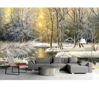 Papier Peint Panoramique Tapisserie Murales Forêt Rivière Flocon De Neige Paysage Coucher De Soleil Soie Poster Salon 300x210cm