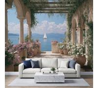 Papier Peint Panoramique Terrasse Méditerranée Murales 350 X 256 cm | Murales Panoramique Arche Plantes Grimpantes pour Salon Adulte Chambre d'enfants Restaurant Décoration Poster Papier Peint