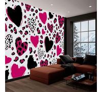 Papier peint panoramique thème saint valentin 200L x 140H cm, Tapisserie mural décoration salon - Papier peint design moderne animal motif cœur motif léopard pour chambre d'enfant décoration murale