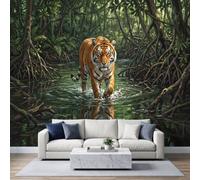 Papier Peint Panoramique Tigre Bengale Rivière Éclaboussures 250x175 cm | Tapisserie Murales Papier Peint Intissé pour Chambre Salon Décoration Murale, Photographie Nature Poster Tableaux Muraux