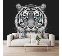 Papier Peint Panoramique Tigre Rayures Noir Blanc 200 x 140 cm Papier Peint Murale Photo, Photographie Animale Murale Stickers Intissé pour Cuisine Chambre Salle Salon Décor Fond TV