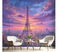 Papier Peint Panoramique Tour Eiffel Romantique À Paris Vue Sur Le Coucher De Soleil 300X210Cm (L X H) Papier Peint Mural, Poster Geant Mural 3D, Violet Décoration Murale Pour Salon Chambre D'Enfants