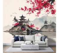 Papier Peint Panoramique Tradition Orientale 350 x 256 cm sur mesure taille Fresque Murale 3D, Décoration Murale Aquarelle Architecture Chinoise Fleu Cerisier, Papier Peint Intissé pour Salon Chambre
