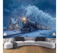 Papier Peint Panoramique Train À Vapeur 200×150cm - Décoration Murale Village Scène Neige, Murales XL Papier Peint Intissé pour Chambre Salon, Poster Tableaux Photo Muraux
