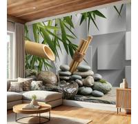 Papier Peint Panoramique Tranquillité Zen, Source De Bambou Galets Feuilles Vertes Photo Décoration Murale, Gris Papier Peint Intisse Poster Tableaux, Pour Salon Chambre à Coucher Cuisine 300 x 210 cm