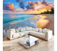 Papier Peint Panoramique Tropical Océan Plage, Tapisserie Poster Bord Mer Coucher Soleil 200 X 140 Cm Poster Geant Mural Impression 3D Pour Salon - Moderne Décoration Murale Bleu Pour Enfant