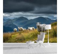 Papier Peint Panoramique Troupeau De Moutons 450x315cm XXL Tableaux Muraux Soie Champs Des Highlands Écossais Tapisserie Photo Décoration Murale pour Salon, Chambre, Restaurant, Vert Sauge