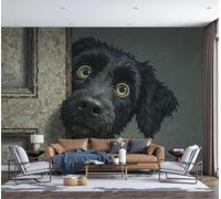 Papier Peint Panoramique Un Chien Noir Qui Jette Un Coup D'Œil Derrière La Porte, Papier Peint Animal De Dessin Animé Peinture À L'Huile, Fresque Murale Soie Pour Salon Chambre Salle 250x175cm