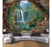 Papier Peint Panoramique Une Cascade Verdoyante Jaillit D'Une Forêt À Travers Un Trou Dans Un Mur De Briques., Réalisme Paysager 3D Revêtement Mural Décoration Pour Salon Chambre Décoration 400x280cm