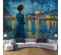 Papier Peint Panoramique Une Femme Se Tient Sur La Rive Du Fleuve La Nuit 150x105cm, Texture De Peinture À L'Huile Rétro Papier Peint Soie Mural, Bleu-Vert Poster Mural Impression 3D Pour Salon Décor
