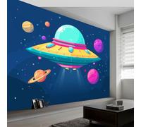 Papier Peint Panoramique Univers Espace Vaisseau Spatial Planètes, Papier Peint Cartoon pour Chambre Salon Salle à Manger Murale 300L x 210H cm - Fond d'écran Photo Moderne Art Mural Salle de Jeux