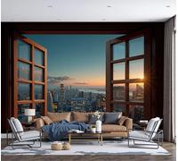 Papier Peint Panoramique Urbain Moderne, 400x280cm Fresque Murale Vue 3D D'Un Gratte-Ciel En Ville Depuis Une Fenêtre Poster Mural Décoration Murale Fond pour Salon, Chambre d'enfant, Chambre, Brun