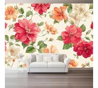 Papier Peint Panoramique Usine Rouge Hibiscus Branches Et Feuilles 3D Mural Design, Tapisserie Photo Géante Pour Salon Décoration Murale Xxl Intissée, Paysage Moderne 250 X 175 Cm