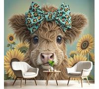 Papier Peint Panoramique Vache Des Highlands Nœud Papillon, Poster Geant Mural Personnalisé 3D, Animaux Mignons Pour Salon Chambre D'Enfant Décoration Murale, Turquoise Moderne Murales, 300X210Cm