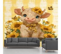 Papier Peint Panoramique Vache Des Highlands, Papier Peint Fleur Tournesol Papillon Carreaux De Buffle Jaune, Fresque Murale Intissée - Décoration Murale Pour Salon Chambre - 400 x 255cm(non adhésif)