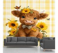 Papier Peint Panoramique Vache Des Highlands, Papier Peint Intissé Tournesol Carreaux De Buffle Jaune Papillon, Fresque Murale - Décoration Murale Pour Salon, Chambre - 300 x 210 cm(non adhésif)