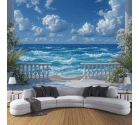 Papier Peint Panoramique Vagues À L'Extérieur Du Balcon 100×70cm - Décoration Murale Plage Abstraite, Murales Papier Peint Intissé pour Chambre Salon, Poster Tableaux Photo Muraux