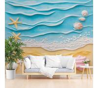 Papier Peint Panoramique Vagues Artistiques Peintes Poster Geant Mural, Vie Marine et Coquillages D'Étoiles de Mer Papier Peint Intissé Mural pour Salon Canapé TV Fond Décoration Murale 350x256cm