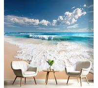 Papier Peint Panoramique Vagues La Plage 450X315 Cm Poster Geant Mural, Photo Peinture Murale, Bleu Ciel Papier Peint Océans Tropicaux Fresque Pour Salon Chambre Toile Fond Tv