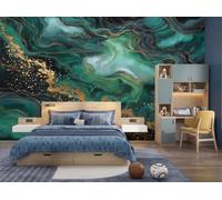 Papier Peint Panoramique Vagues Marbre Exotiques Vert Émeraude 350X256Cm, Papier Peint Intissé Lignes Rétro En Feuille D'Or Décoration Murale Chambre D'Enfants, Fresque Murale Pour Salon Chambre