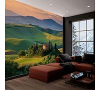 Papier peint panoramique vert montagnes maisons de campagne, photo mural moderne 400L x 280H cm - Papier peint décoration de maison photographie vintage pour salon, chambre des enfants, bureau