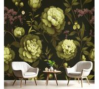 Papier Peint Panoramique Vert Olive Lierre Pivoine 350X260Cm Revêtement Mural Pastorale Gothique Poster Tableaux Photo Muraux Utilisé Pour Salon Chambre D'Enfant Décoration Murale