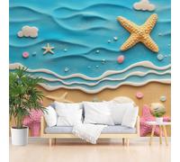 Papier Peint Panoramique Vie Marine Dauphin, Étoile de Mer Papier Peint Intissé Poster Mural xxl Paysage Nautique Bleu Poster Geant Mural pour Salon Chambre Décoration Murale 450x315cm(L x H)