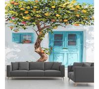 Papier Peint Panoramique Ville Balnéaire, Papier Peint Intissé Italienne Arbre Citron Illustration, Fresque Murale - Décoration Murale Pour Salon, Chambre, Bureau - 315 x 215 cm(non adhésif)
