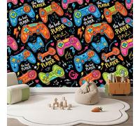 Papier Peint Panoramique Ville Coloré Tendance Cool 350 x 256 cm | Manette De Jeu Éclairs Étoiles Cœurs Fresque Photo Murale Intissé Papier Peint Pour Salon Chambre D'Enfants Mural Décoration