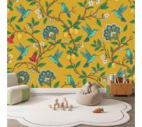 Papier Peint Panoramique Ville Jaune Vintage Style Chinois 350 x 256 cm | Myrtilles Citrons Colibri Cachemire Fleurs Cloche Fresque Photo Murale Intissé Papier Peint Pour Salon Chambre D'Enfant Mural