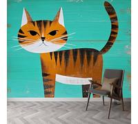 Papier peint panoramique Vintage Animal Chat Tigré, papier peint Style Milieu Du Siècle imperméable - fresque murale facile à poser - décoration murale pour salon chambre enfant, 450 x 315 cm (L x H)