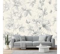 Papier Peint Panoramique Vintage Croquis Élégant Fleur Intissé Tapisserie Poster Mural Crème Gris Décoration Murale 350 x 256 cm pour Fresque Murale 3D HD pour Salon Chambre Cuisine