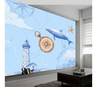 Papier Peint Panoramique Vintage Étoile de Mer Phare Boussole, Photo Mural Moderne 300L x 210H cm - Papier Peint Décoration de Maison Thème Nautique pour Salon Chambre Chambre des Enfants Bureau