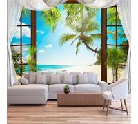 Papier Peint Panoramique Vue Balcon Papier Peint Intissé Plage et Mer Poster Trompe l'oeil Mural 3D Art Décoration Murale Salon Chambre 150x105 cm 1994b