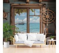 Papier Peint Panoramique Vue de la Fenêtre d'une Cabine Vintage 500x317cm(L x H) Papier Peint Intissé Décoration Murale - Tapisserie Décorative pour Chambre Salon - Paysage de Boussole Nautique