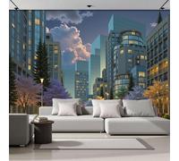 Papier Peint Panoramique Vue De La Rue 250x175cm - Décoration murale moderne - fond Chambre des Enfants Bureau Décoration de Maison - Allée Bordée D'Arbres Pour Immeubles De Grande Hauteur - Bleu