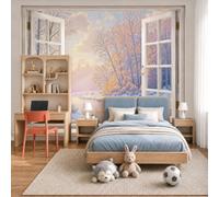 Papier Peint Panoramique Vue D'Hiver Par Fenêtre 300X210Cm Murale Photo - Coucher Soleil Rivière Forêt Cèdres Beige Tapisserie Murales Papier Peint Intissé Pour Chambre Salon Fond Tv - Photo Muraux