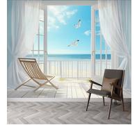 Papier Peint Panoramique Vue du Balcon Papier Peint Mer Bleue Poster Trompe l'oeil Mural 3D Art Décoration Murale -400x280cm