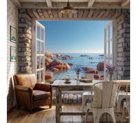 Papier Peint Panoramique Vue imprenable sur la mer depuis la fenêtre, Papier Peint Océan de Stone Wall pour Chambre, Décoration Murale pour Salon, 250x175cm (L x H) Poster Mural & Wallpaper Bleu clair