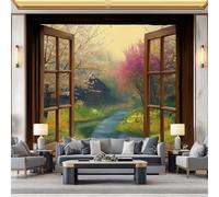 Papier Peint Panoramique Vue Jardin Depuis Fenêtre, Style Réaliste Papier Peint Poster Photo Géant Laine Intissé 350 x 256 cm pour Salon Chambre Chambre D'Enfant Fond Tv Décoration Murale