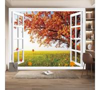 Papier Peint Panoramique Vue Par La Fenêtre 150x105 cm 3D Papier Peint Intissé Arbre D'automne Photo Trompe l'oeil Poster Grand Mural Salon Chambre Enfant Chambre Décoration Murale a.3913