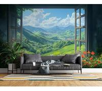 Papier Peint Panoramique Vue Par La Fenêtre Forêt Intissé Poster Fresque Murale 3D Fleurs Paysages Décoration Murale Art Wallpaper pour Salon Cuisine Bureau Chambre d'enfant 250x175 cm R-242