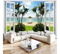 Papier Peint Panoramique Vue Par La Fenêtre Palmiers Intissé Poster Fresque Murale 3D Plage Paysage Wallpaper pour Salon Chambre d'enfant Restaurant Couloir TV Fond Décoration Murale 350x256 cm H1420