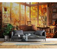 Papier Peint Panoramique Vue Par La Fenêtre Paysage Intissé Poster Fresque Murale 3D Automne Wallpaper pour Salon Chambre d'enfant Restaurant Couloir TV Fond Décoration Murale 250x175 cm H1290