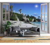 Papier Peint Panoramique Vue Par La Fenêtre Plage Intissé Poster Fresque Murale 3D Nature Paysages Décoration Murale Art Wallpaper pour Salon Cuisine Bureau Chambre d'enfant 300x210 cm R-211