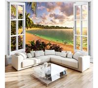 Papier Peint Panoramique Vue Par La Fenêtre Plage Intissé Poster Fresque Murale 3D Nature Paysages Wallpaper pour Salon Chambre d'enfant Restaurant Couloir TV Fond Décoration Murale 400x280 cm H185